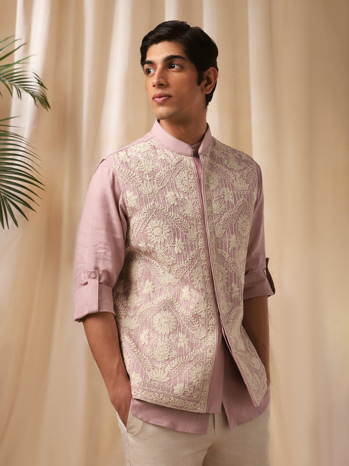 Pink Embroidered Linen Bandi Shirt for Men