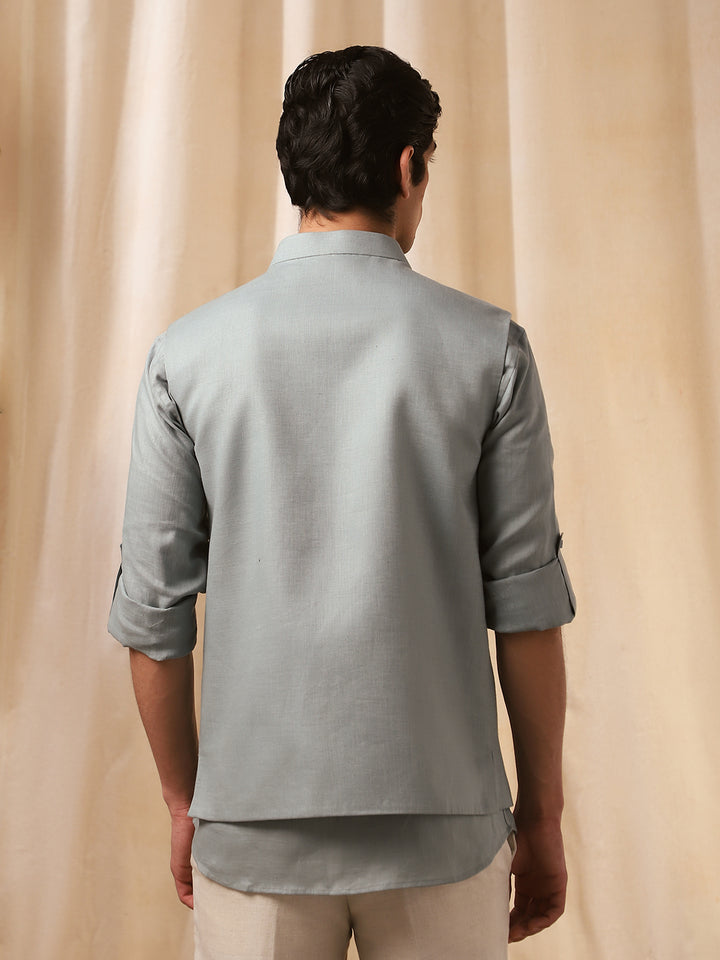 Pista Green Embroidered Linen Bandi Shirt for Men