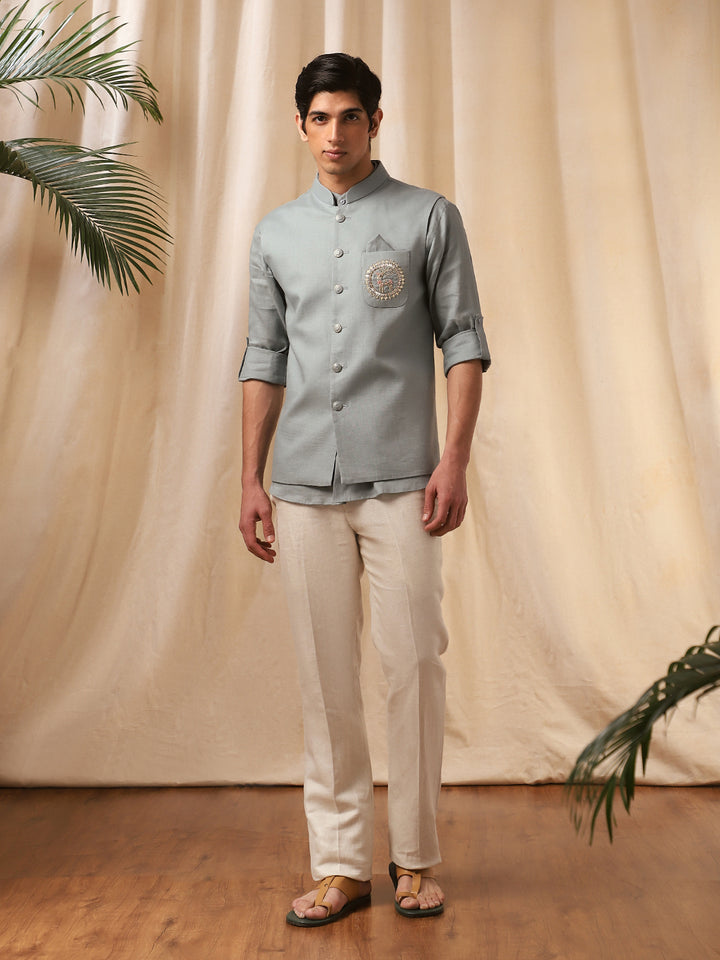 Pista Green Embroidered Linen Bandi Shirt for Men