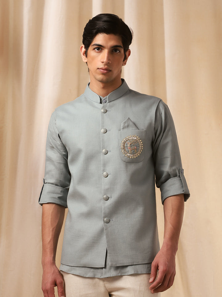 Pista Green Embroidered Linen Bandi Shirt for Men