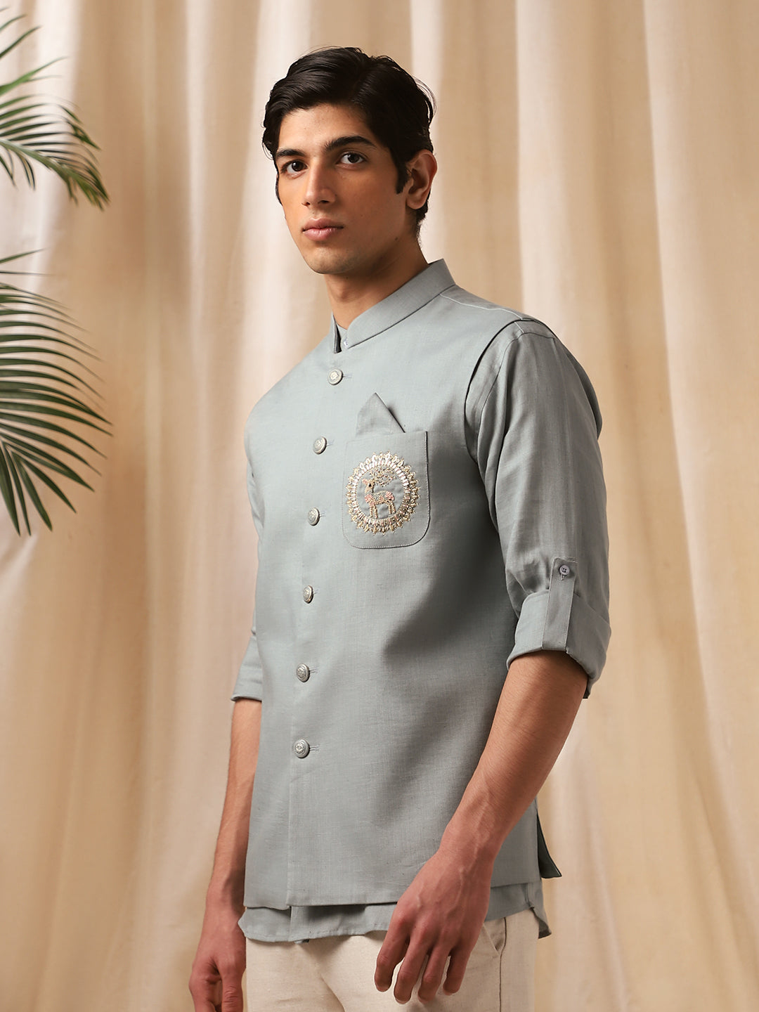 Pista Green Embroidered Linen Bandi Shirt for Men