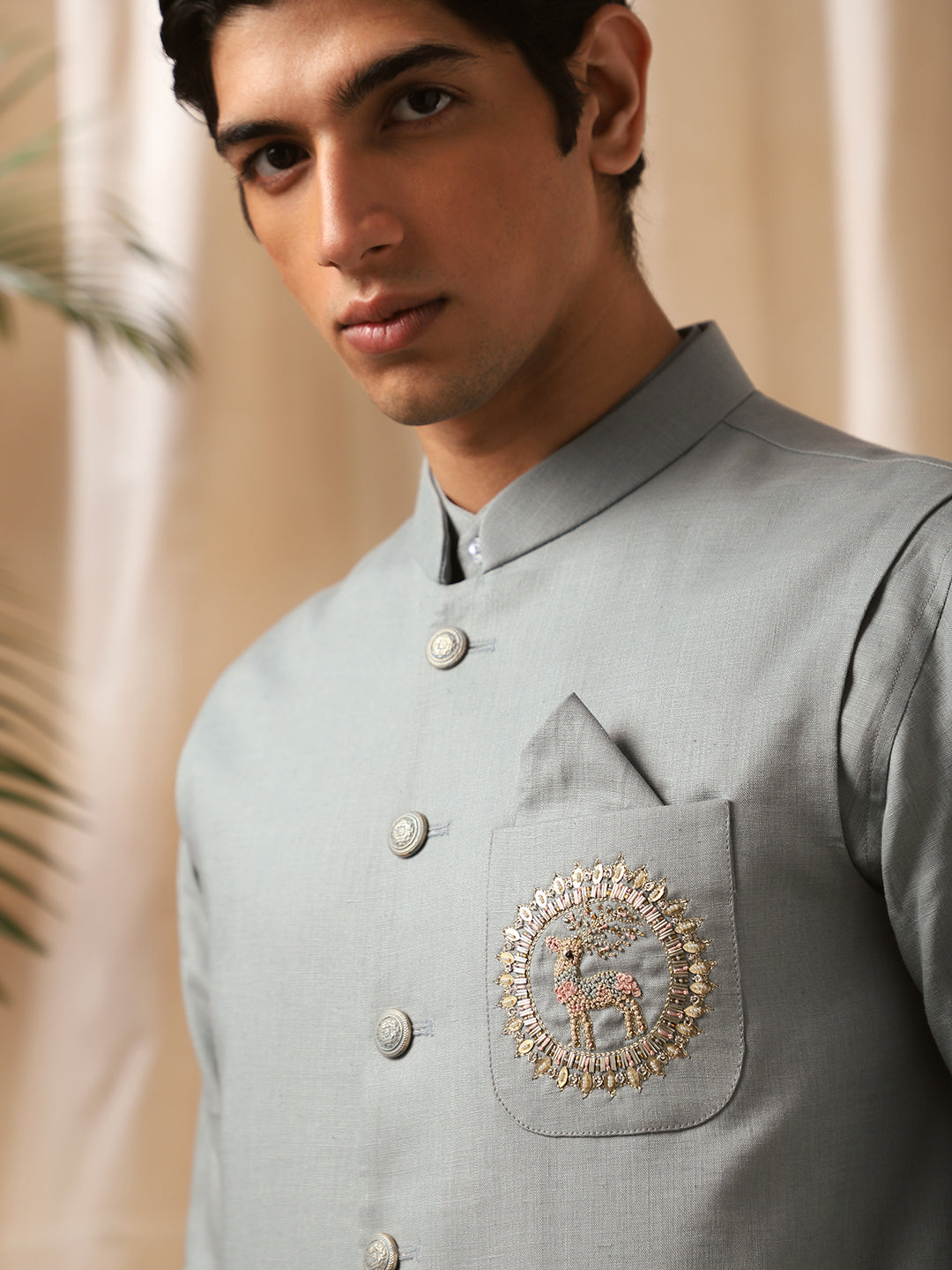 Pista Green Embroidered Linen Bandi Shirt for Men