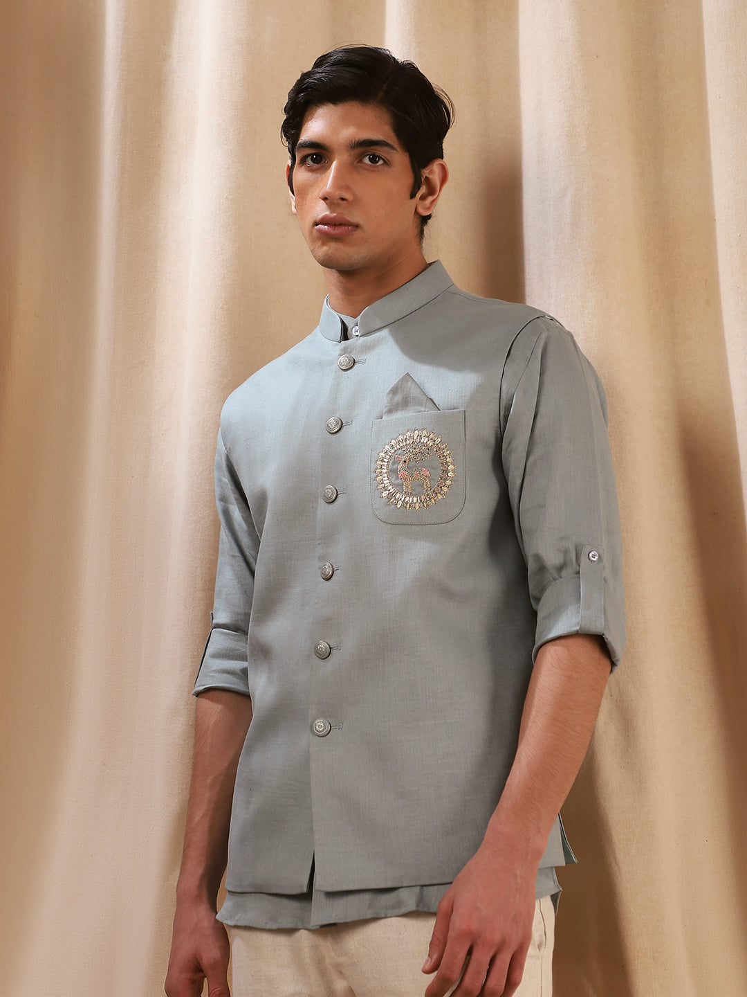 Pista Green Embroidered Linen Bandi Shirt for Men