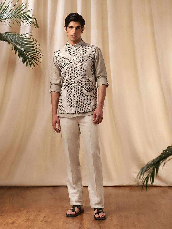 Printed Embroidered Linen Full-Sleeve Bandi Shirt for Men