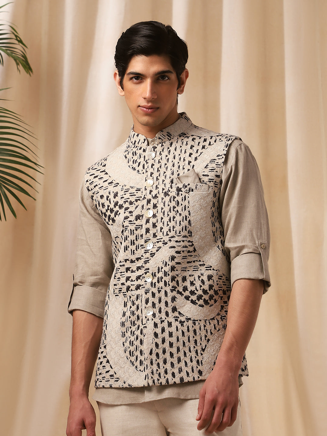 Printed Embroidered Linen Full-Sleeve Bandi Shirt for Men