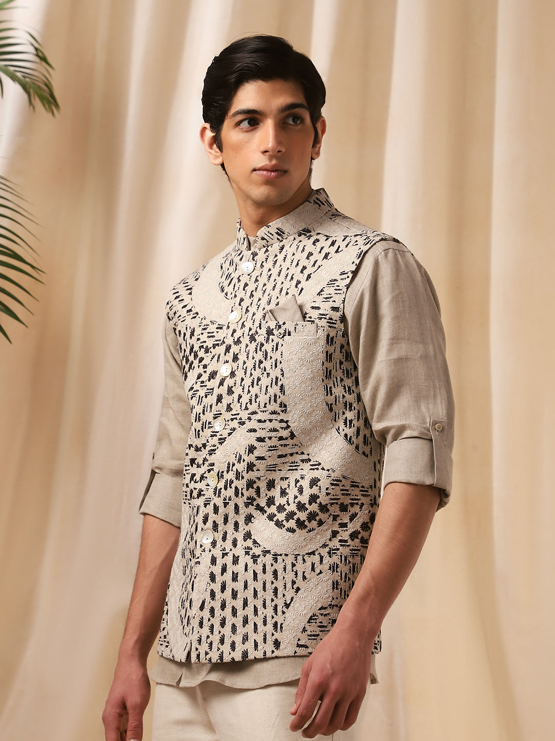 Printed Embroidered Linen Full-Sleeve Bandi Shirt for Men