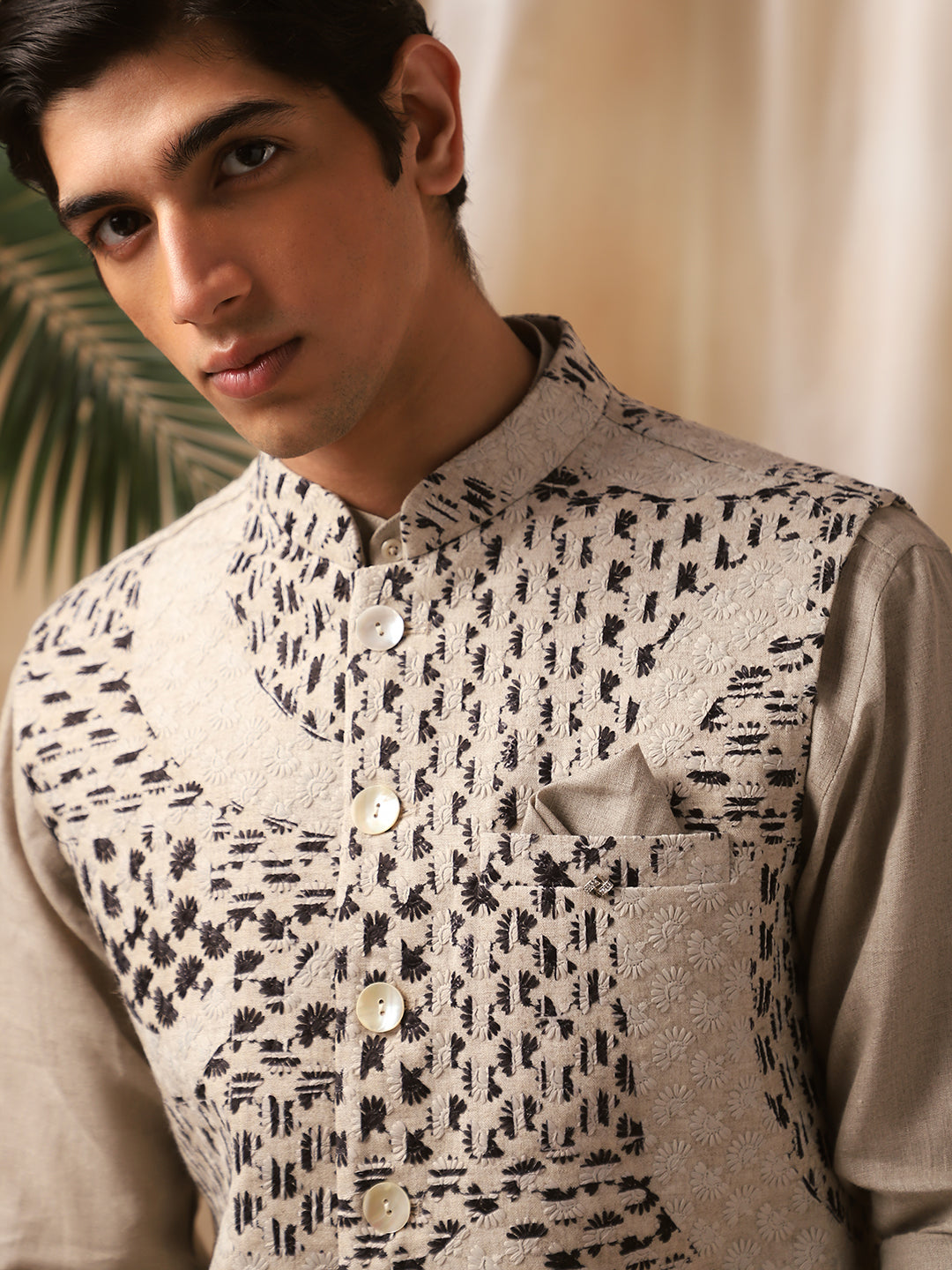 Printed Embroidered Linen Full-Sleeve Bandi Shirt for Men