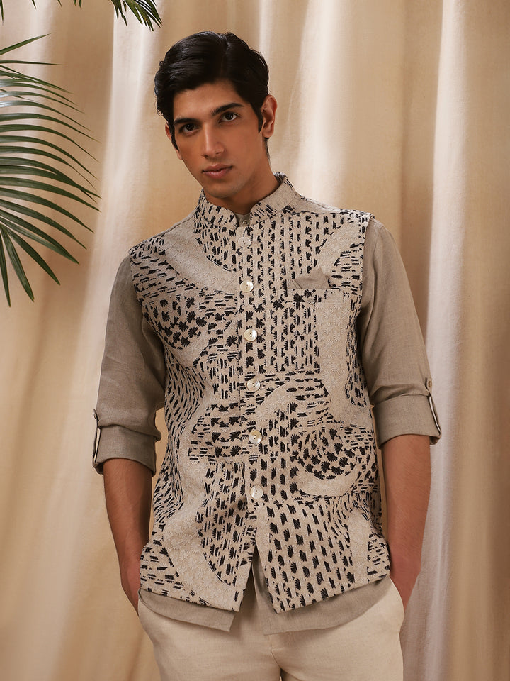 Printed Embroidered Linen Full-Sleeve Bandi Shirt for Men