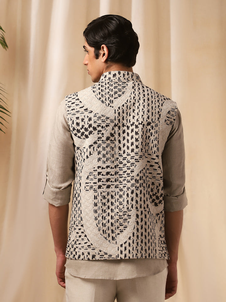 Printed Embroidered Linen Full-Sleeve Bandi Shirt for Men