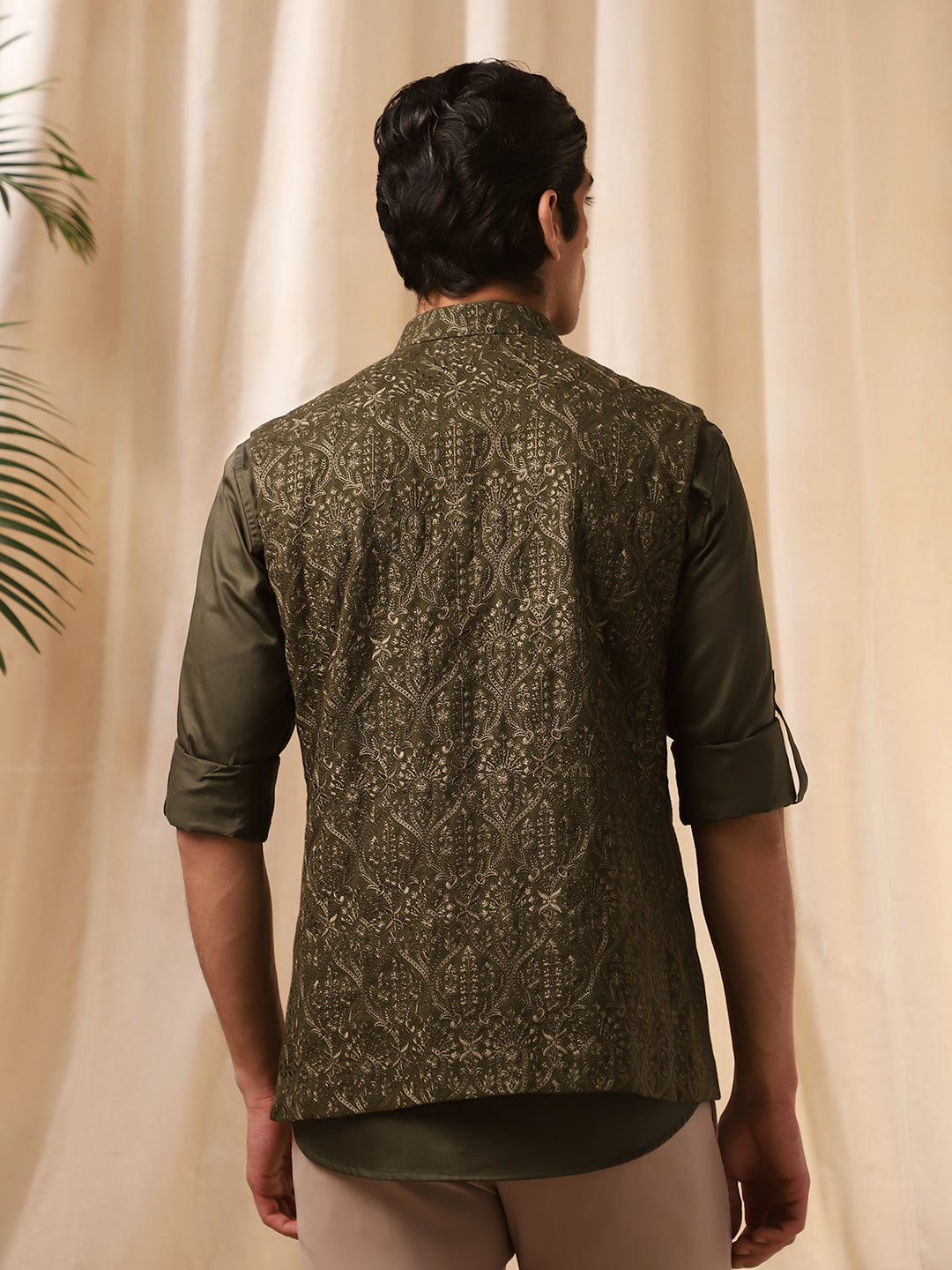 Mehndi Green Linen Embroidered Bandi Shirt