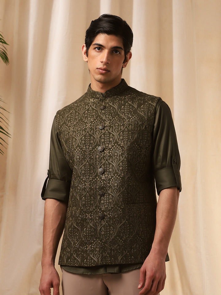 Mehndi Green Linen Embroidered Bandi Shirt