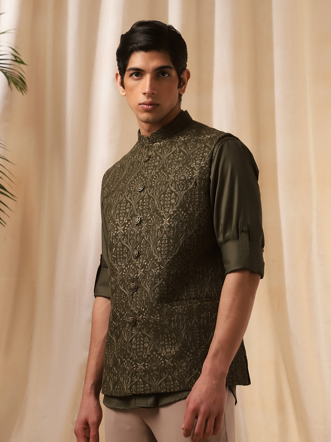 Mehndi Green Linen Embroidered Bandi Shirt