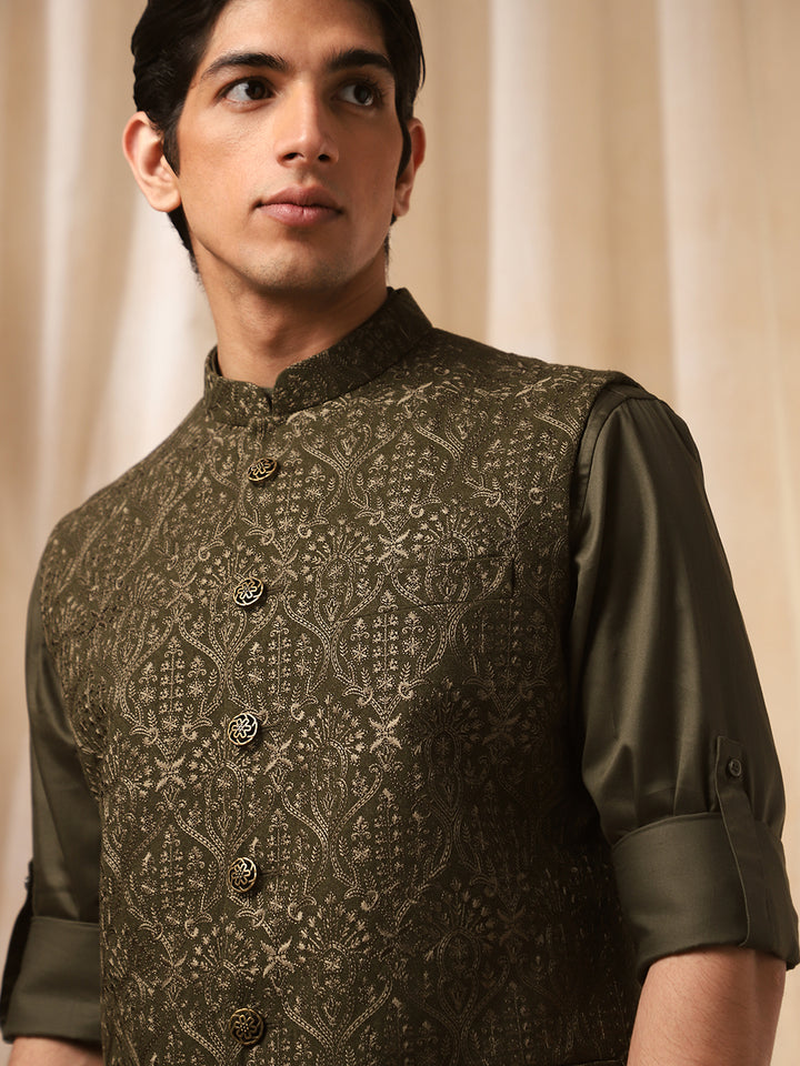 Mehndi Green Linen Embroidered Bandi Shirt