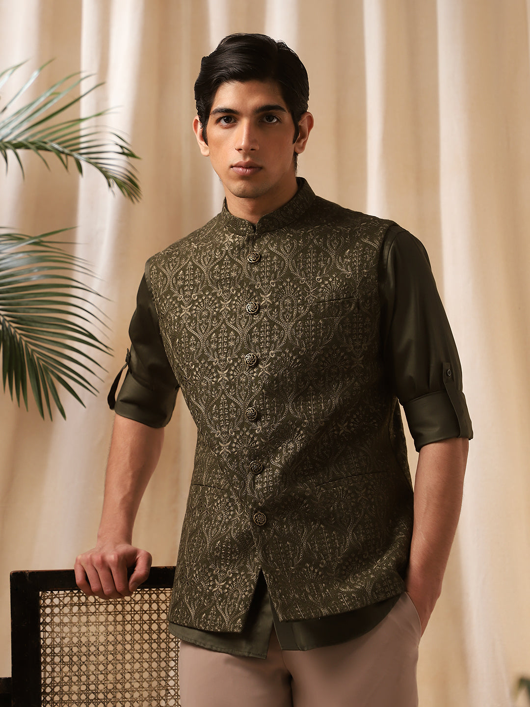 Mehndi Green Linen Embroidered Bandi Shirt