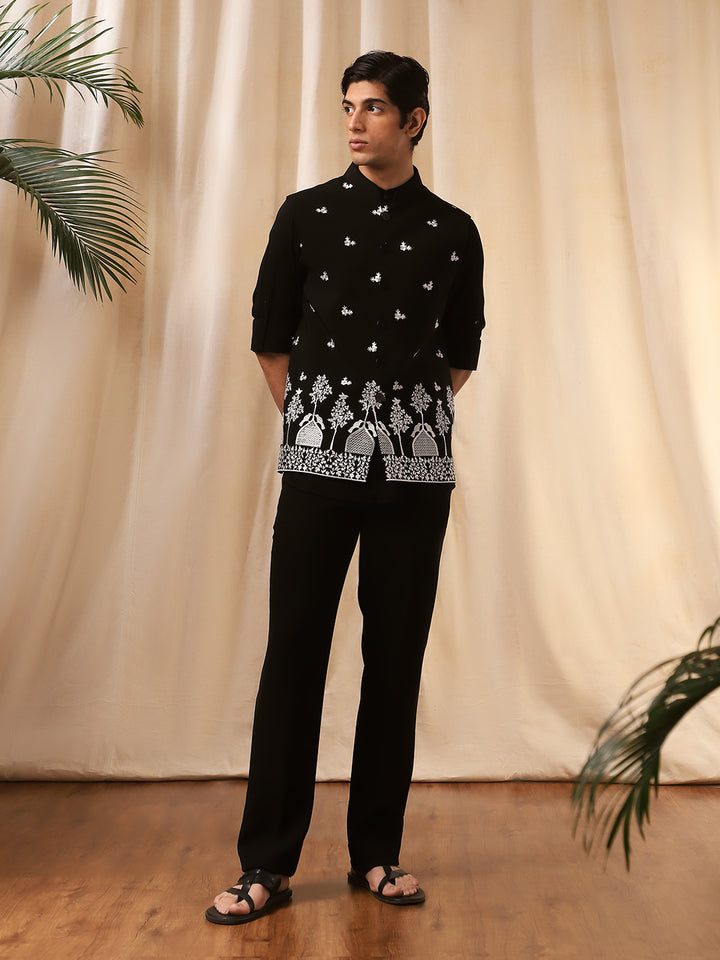 Black Linen Embroidered Full Sleeve Bandi Shirt with Rose Design