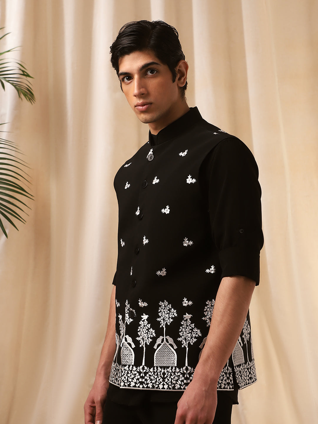 Black Linen Embroidered Full Sleeve Bandi Shirt with Rose Design