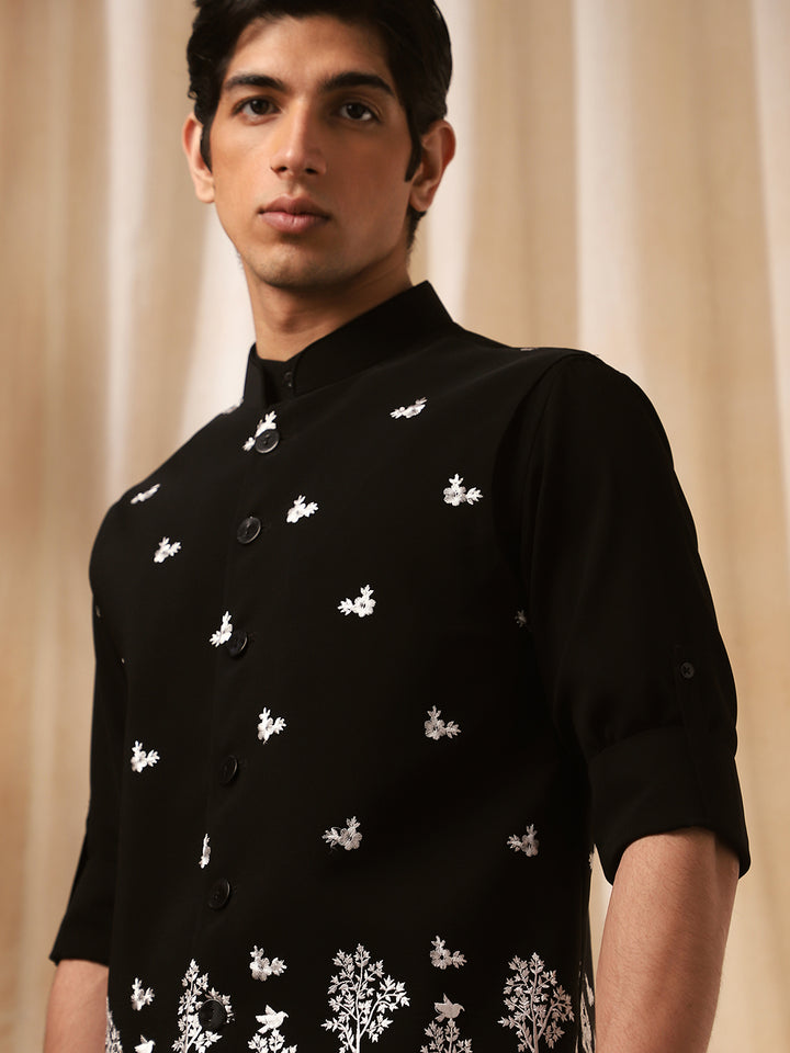 Black Linen Embroidered Full Sleeve Bandi Shirt with Rose Design