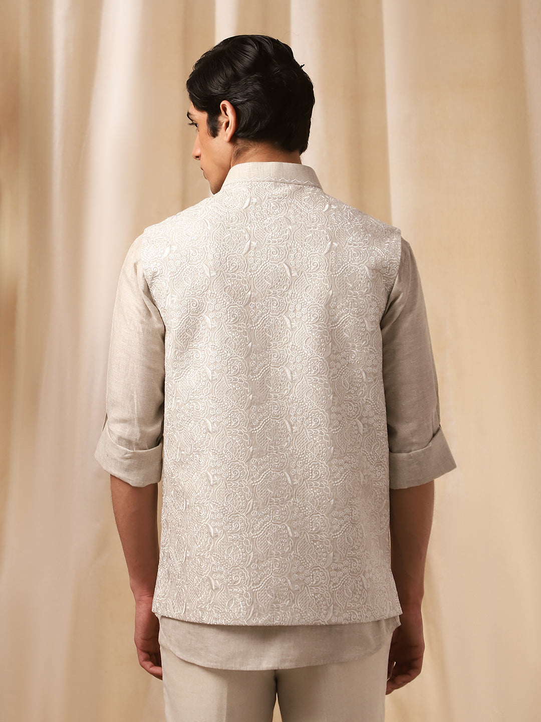 Natural Linen Embroidered Full Sleeve Bandi Shirt