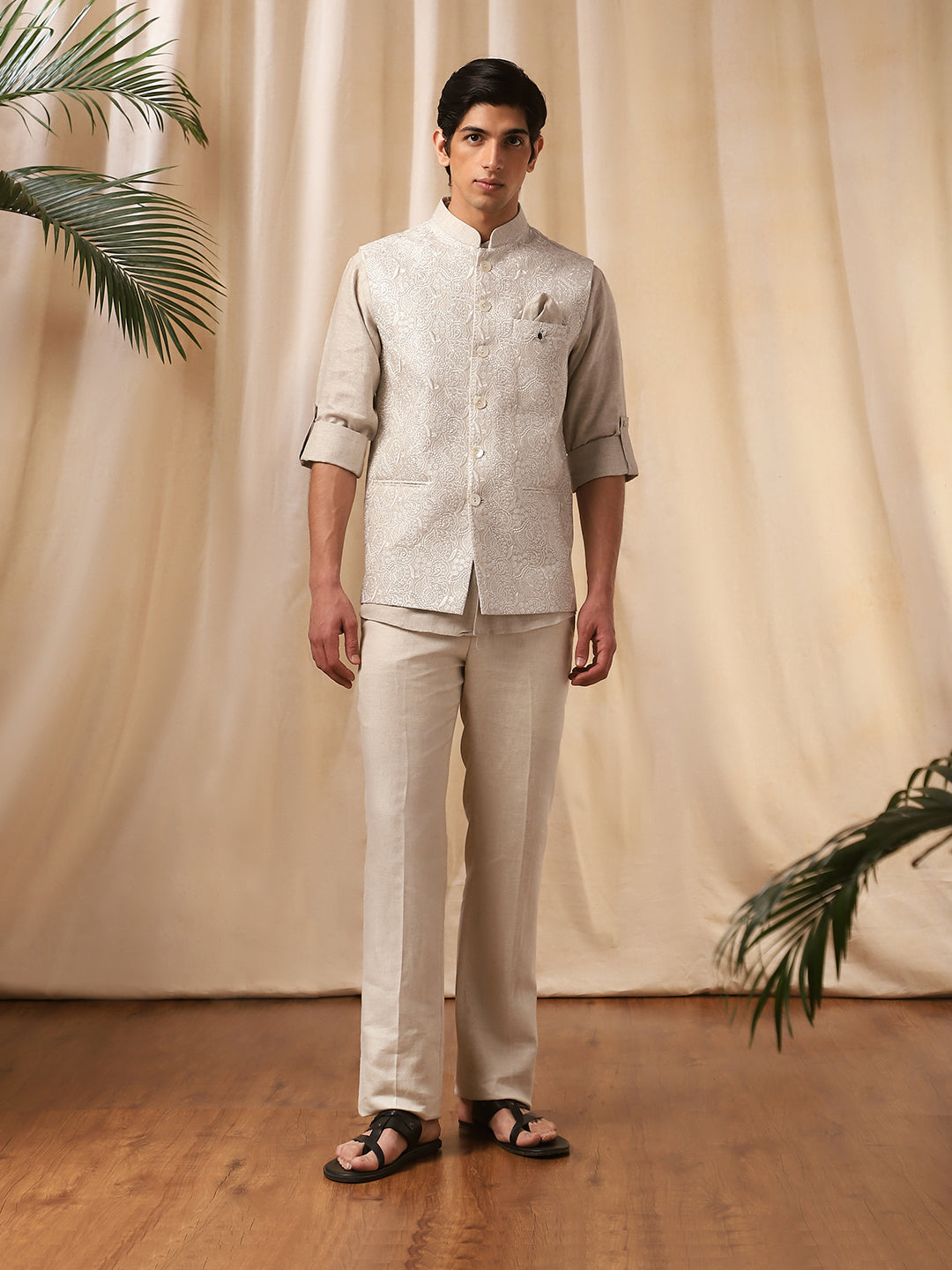 Natural Linen Embroidered Full Sleeve Bandi Shirt