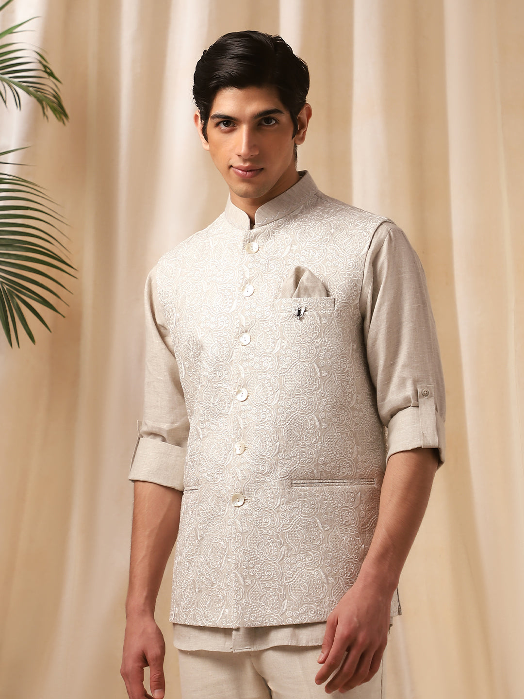 Natural Linen Embroidered Full Sleeve Bandi Shirt