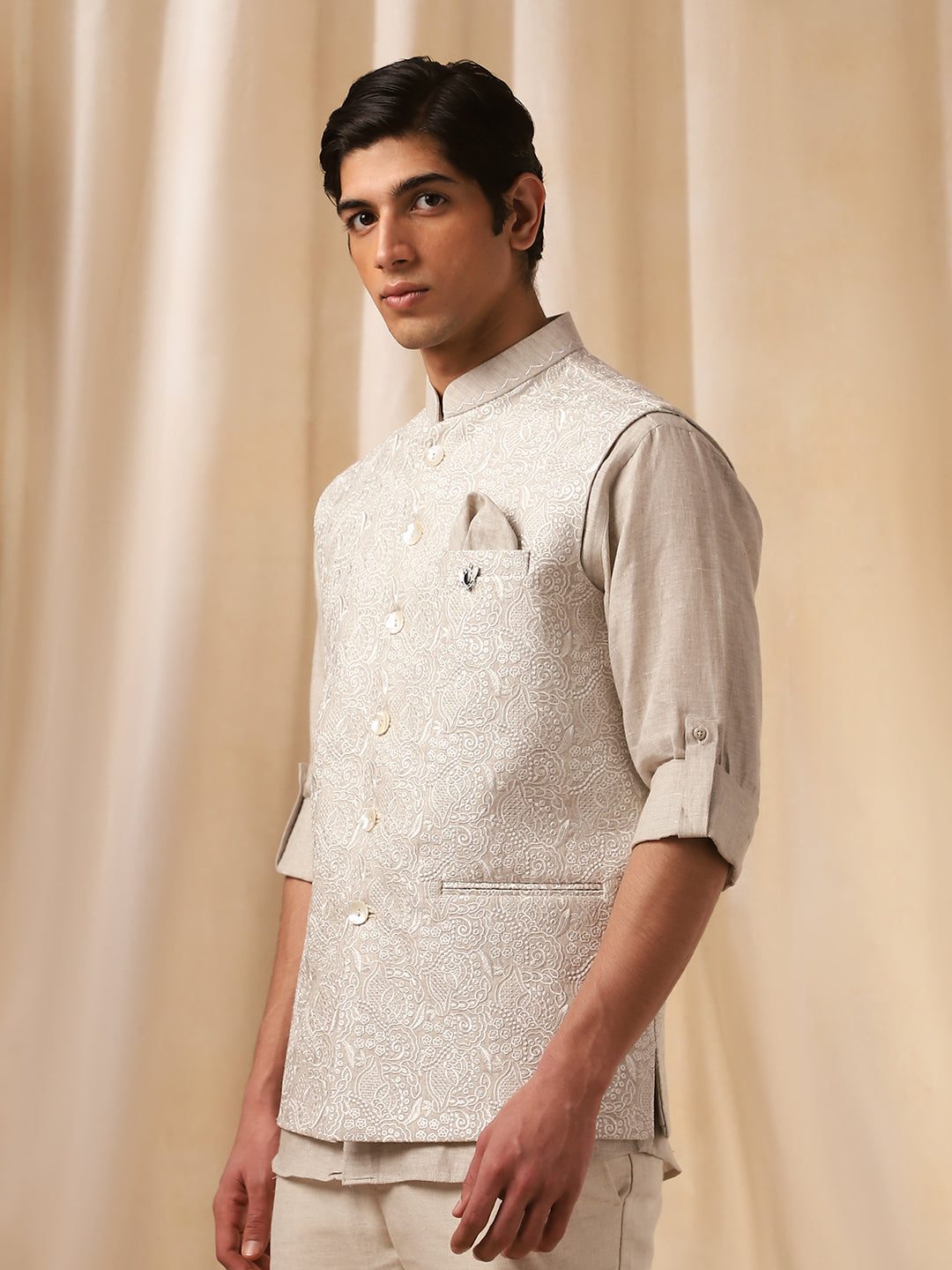 Natural Linen Embroidered Full Sleeve Bandi Shirt