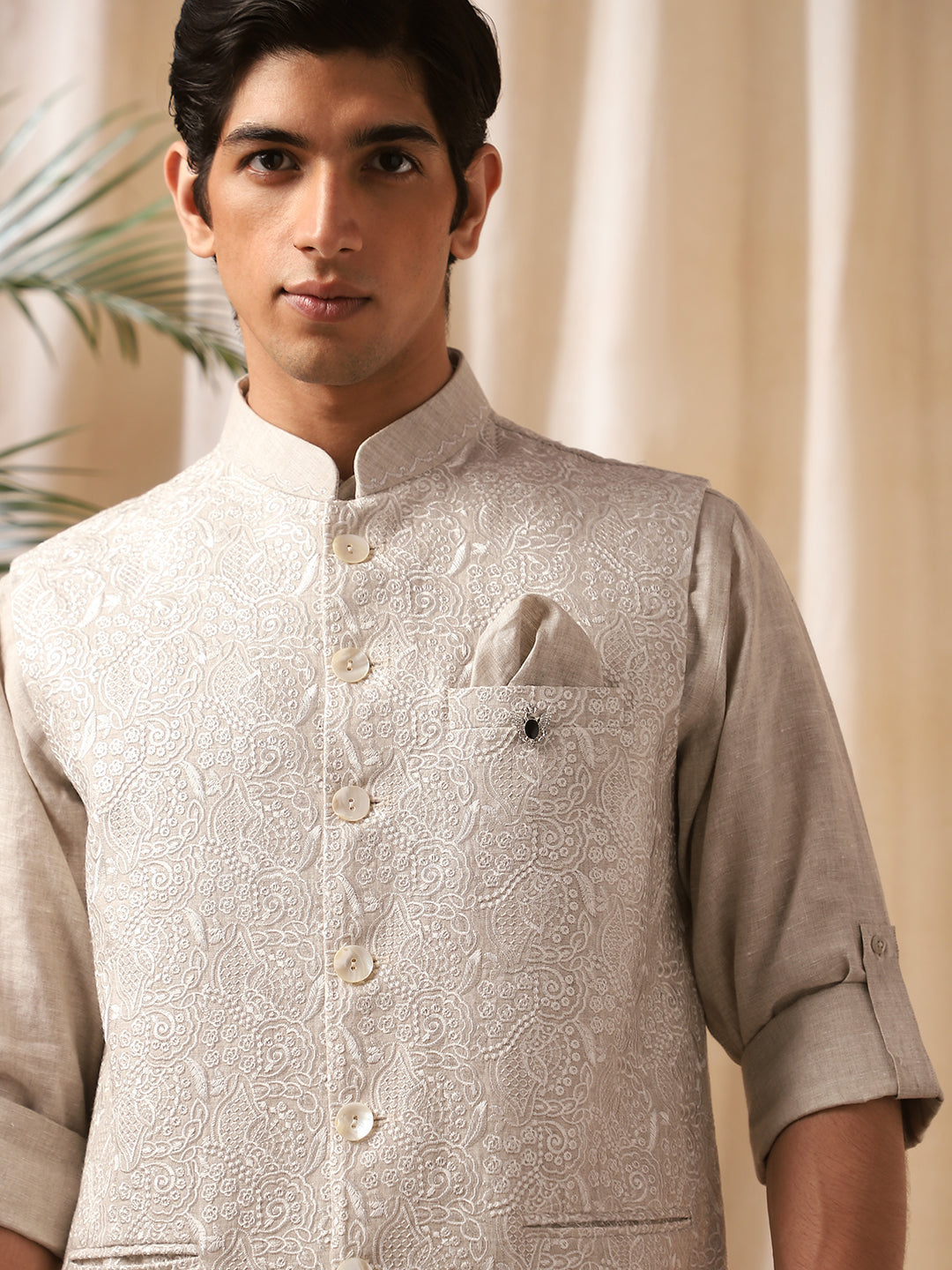 Natural Linen Embroidered Full Sleeve Bandi Shirt