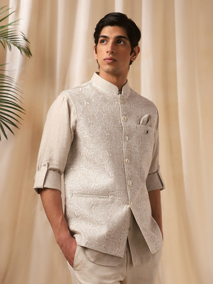 Natural Linen Embroidered Full Sleeve Bandi Shirt