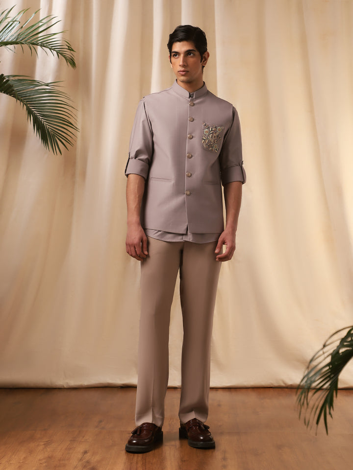 Grey Linen Embroidered Bandi  with Shirt for Men