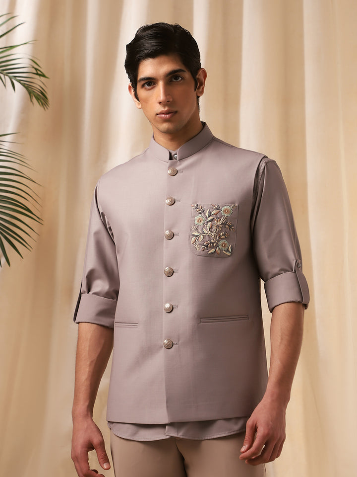 Grey Linen Embroidered Bandi  with Shirt for Men