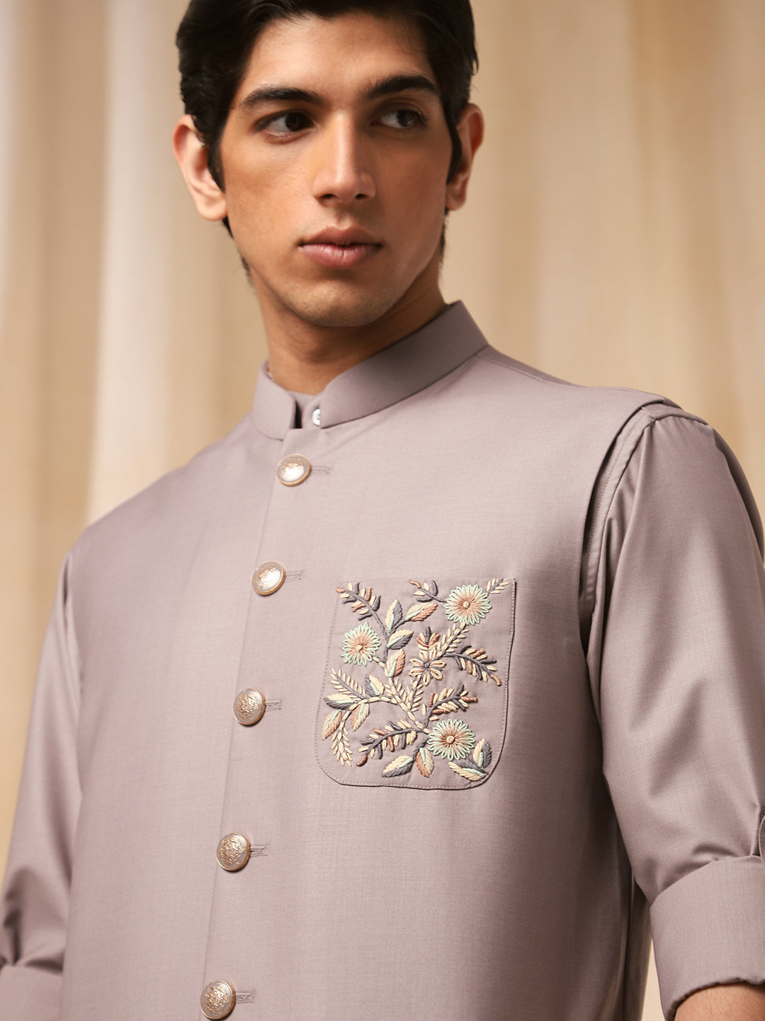 Grey Linen Embroidered Bandi  with Shirt for Men