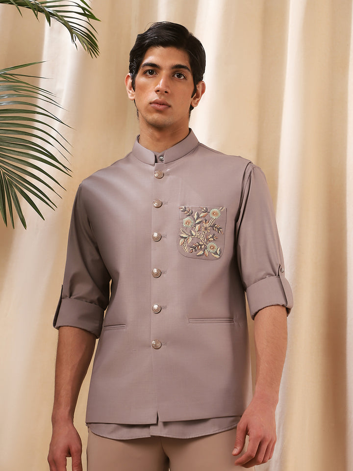 Grey Linen Embroidered Bandi  with Shirt for Men