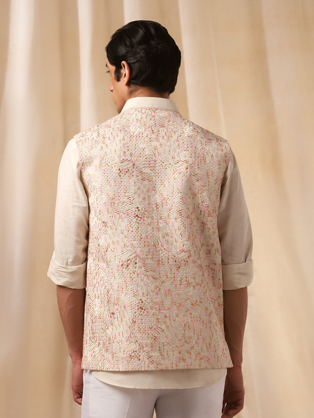 Natural Linen Embroidered Full Sleeve Bandi Shirt