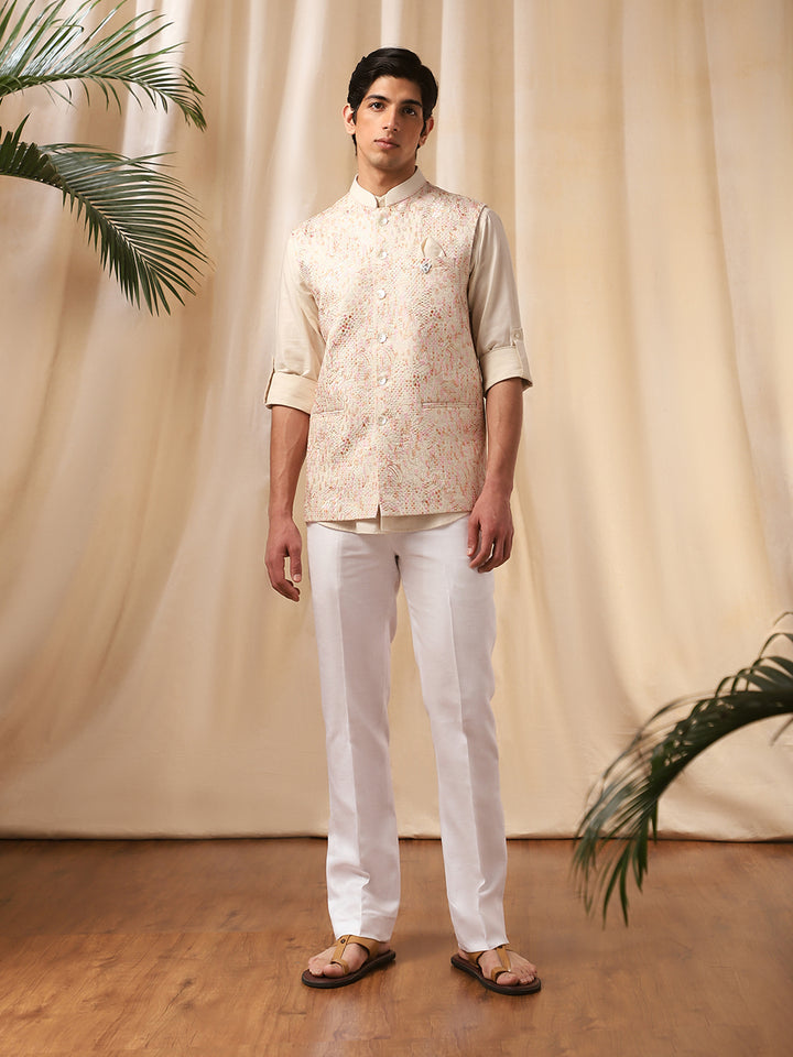 Natural Linen Embroidered Full Sleeve Bandi Shirt