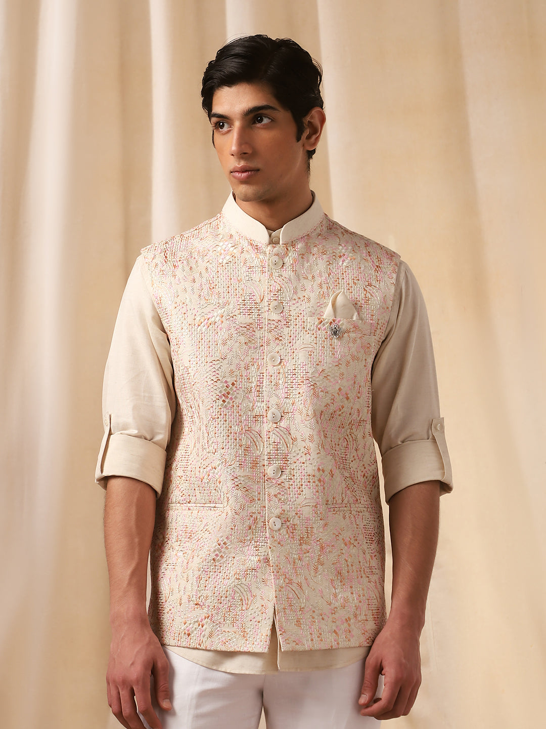 Natural Linen Embroidered Full Sleeve Bandi Shirt