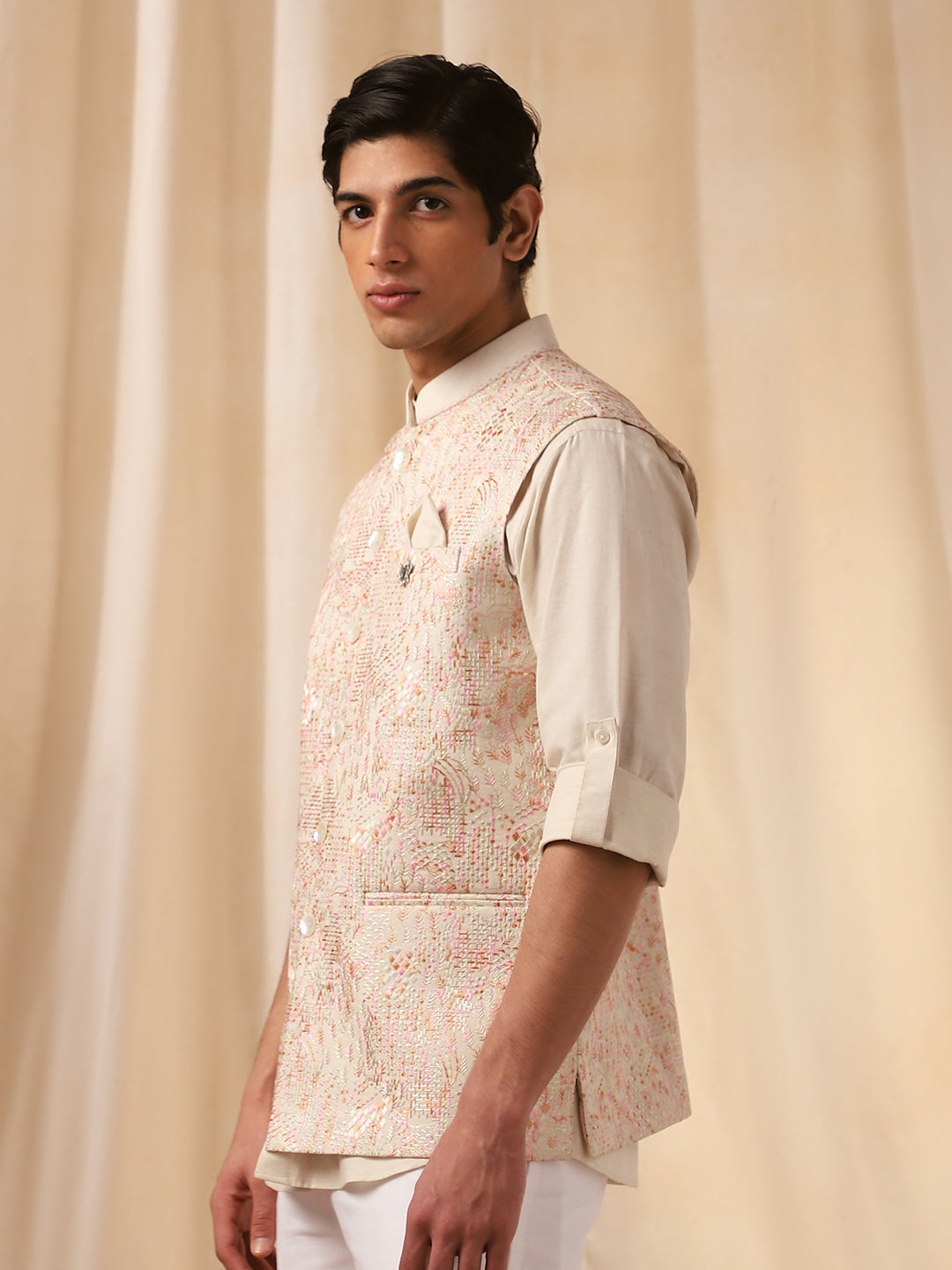 Natural Linen Embroidered Full Sleeve Bandi Shirt