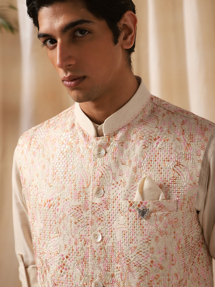 Natural Linen Embroidered Full Sleeve Bandi Shirt