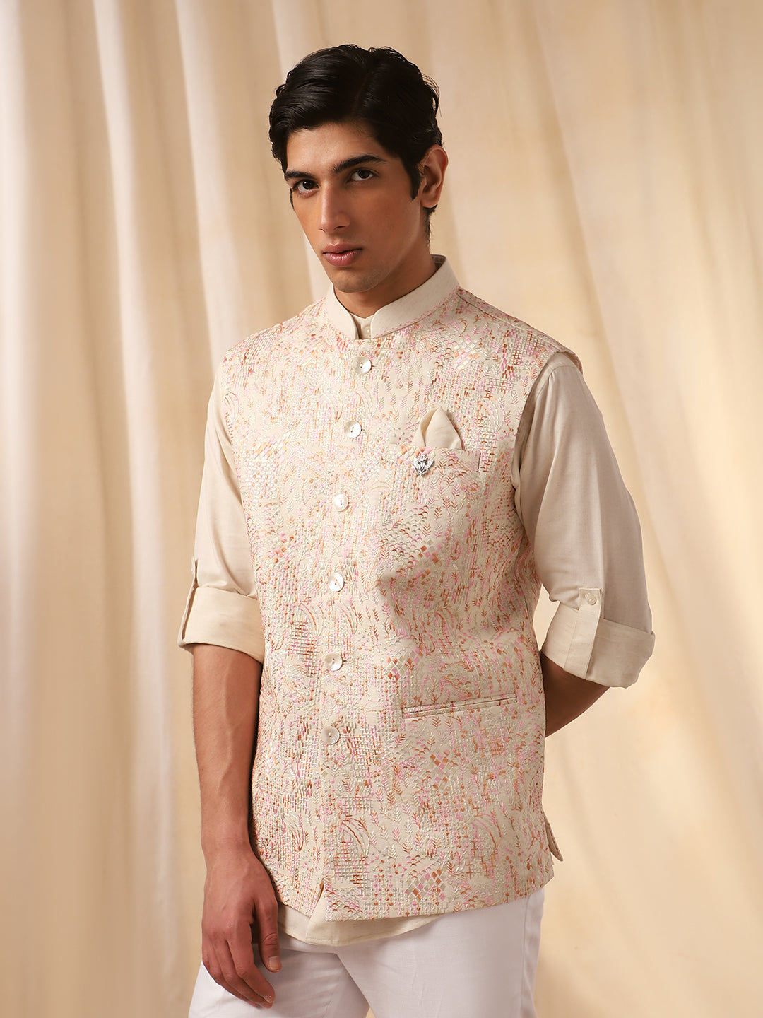 Natural Linen Embroidered Full Sleeve Bandi Shirt