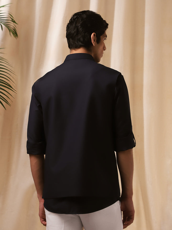 Navy Blue Linen Embroidered Bandi Shirt