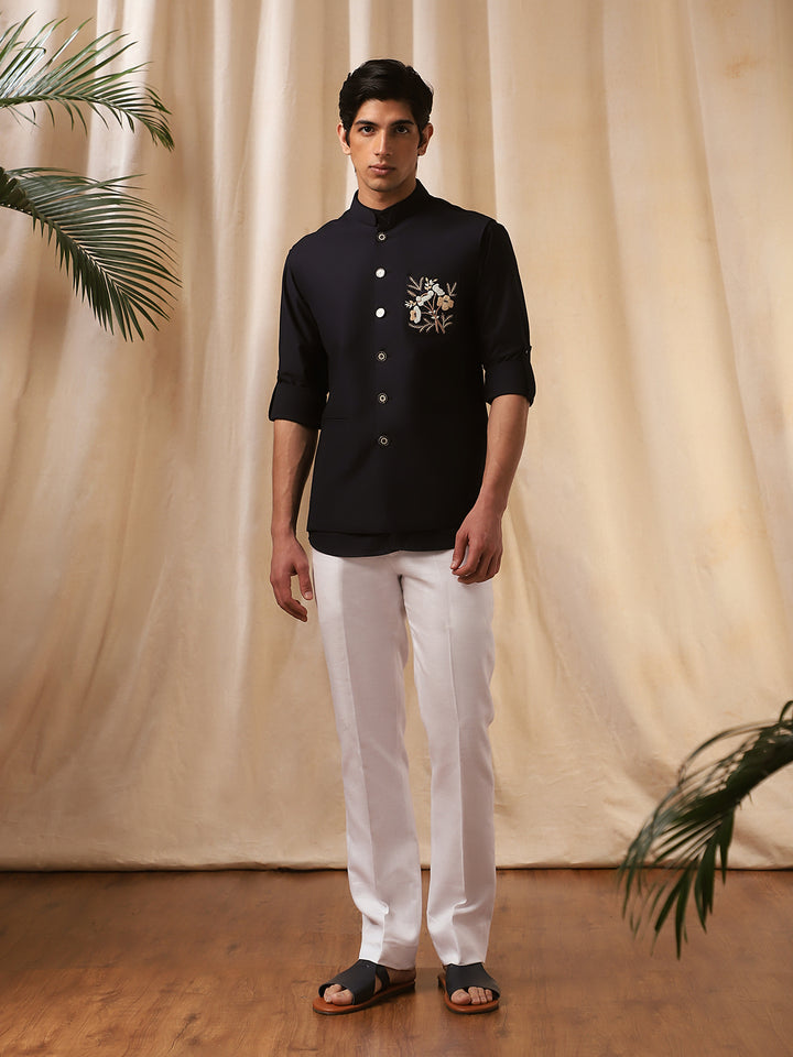 Navy Blue Linen Embroidered Bandi Shirt