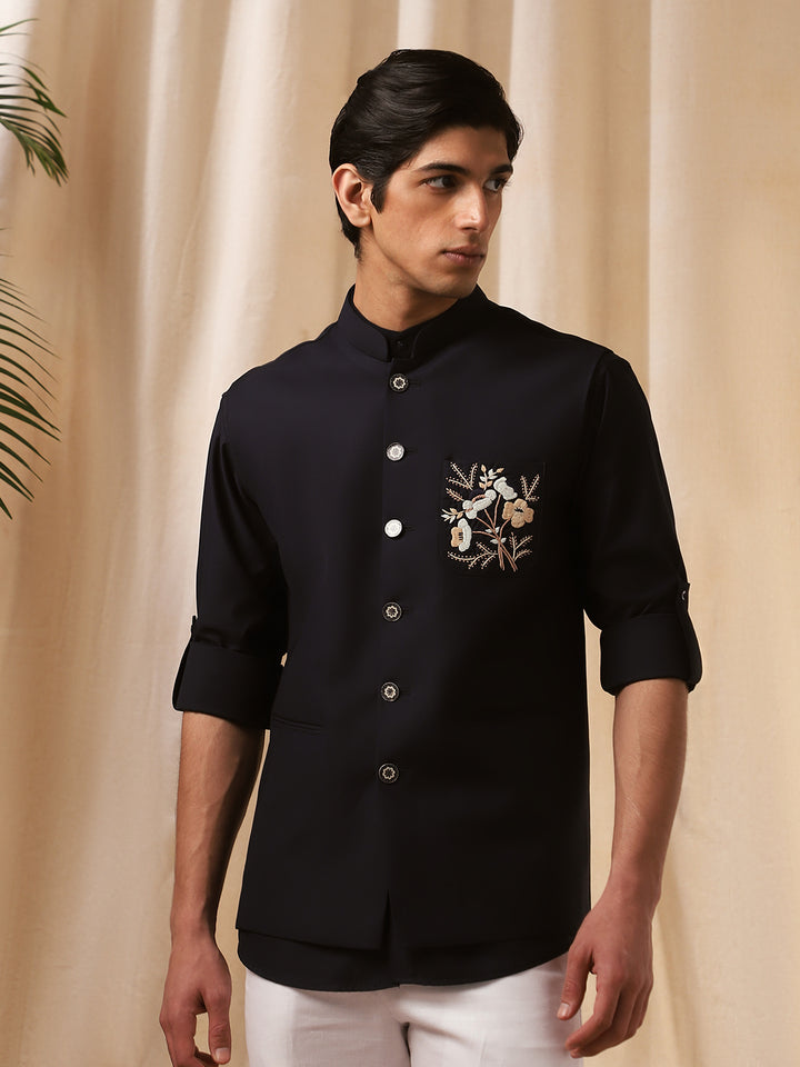 Navy Blue Linen Embroidered Bandi Shirt