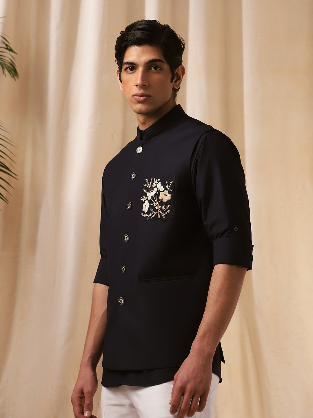 Navy Blue Linen Embroidered Bandi Shirt