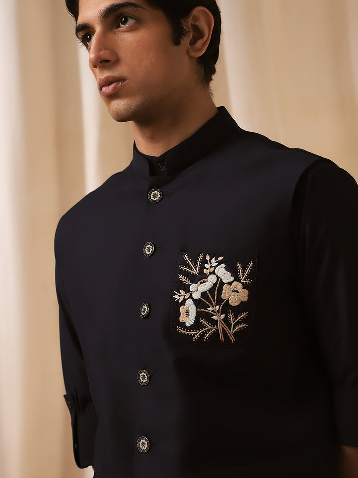 Navy Blue Linen Embroidered Bandi Shirt