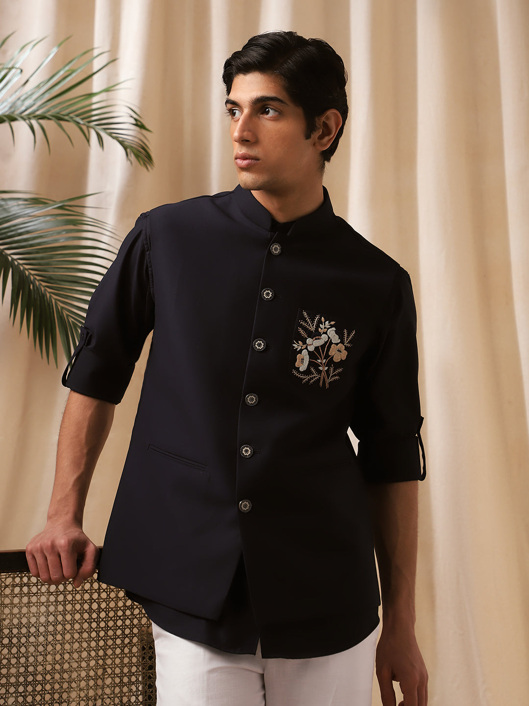 Navy Blue Linen Embroidered Bandi Shirt