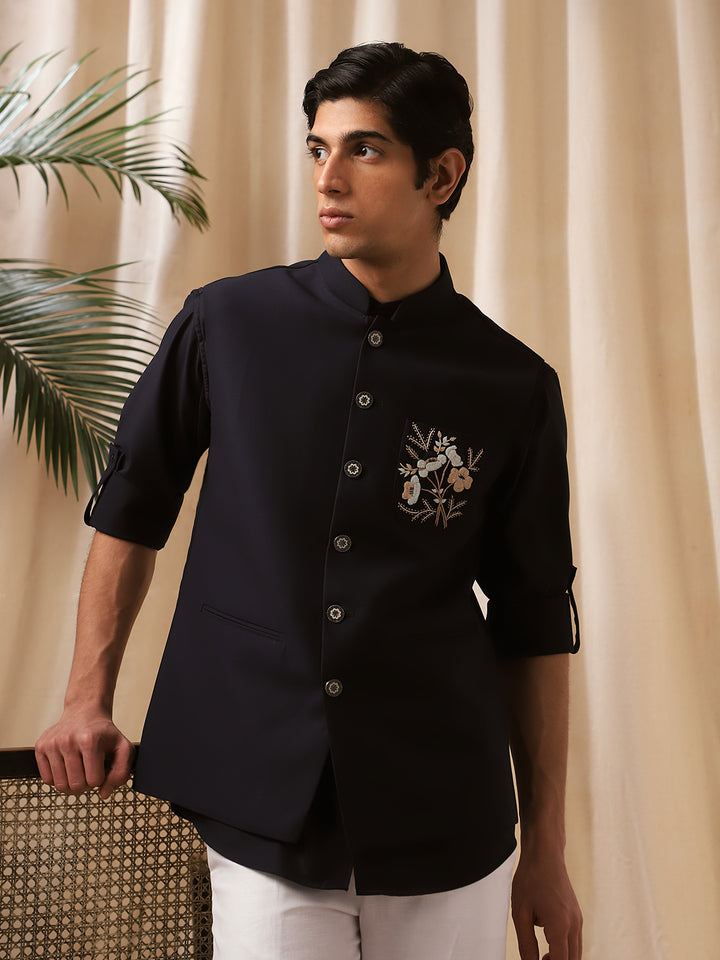 Navy Blue Linen Embroidered Bandi Shirt