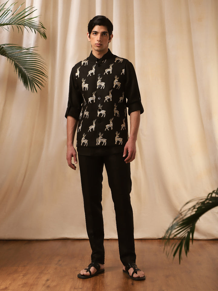 Black Linen Embroidered Full Sleeve Bandi Shirt