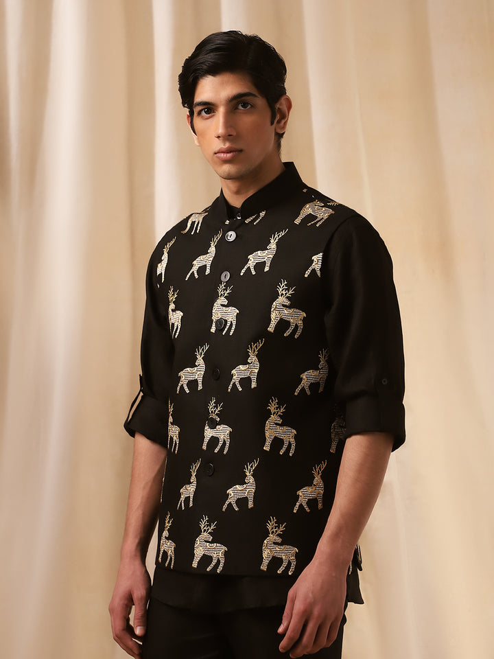 Black Linen Embroidered Full Sleeve Bandi Shirt