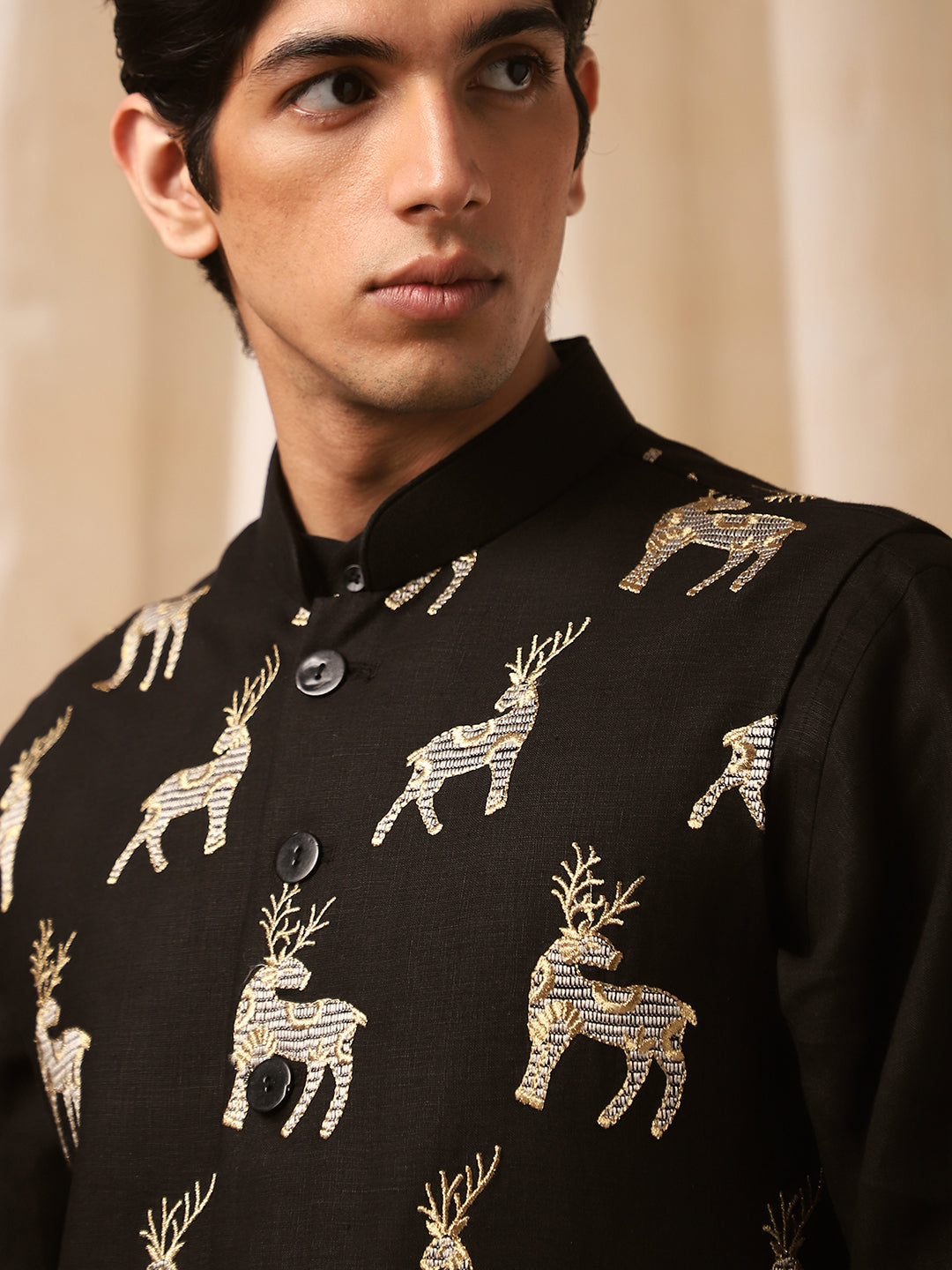 Black Linen Embroidered Full Sleeve Bandi Shirt