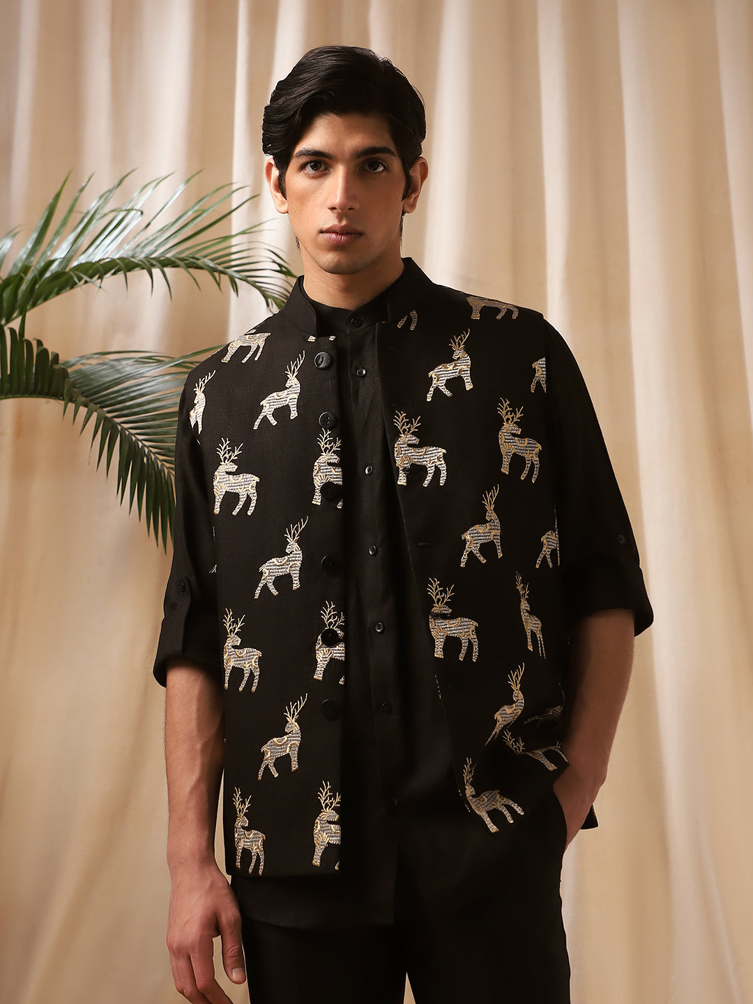 Black Linen Embroidered Full Sleeve Bandi Shirt