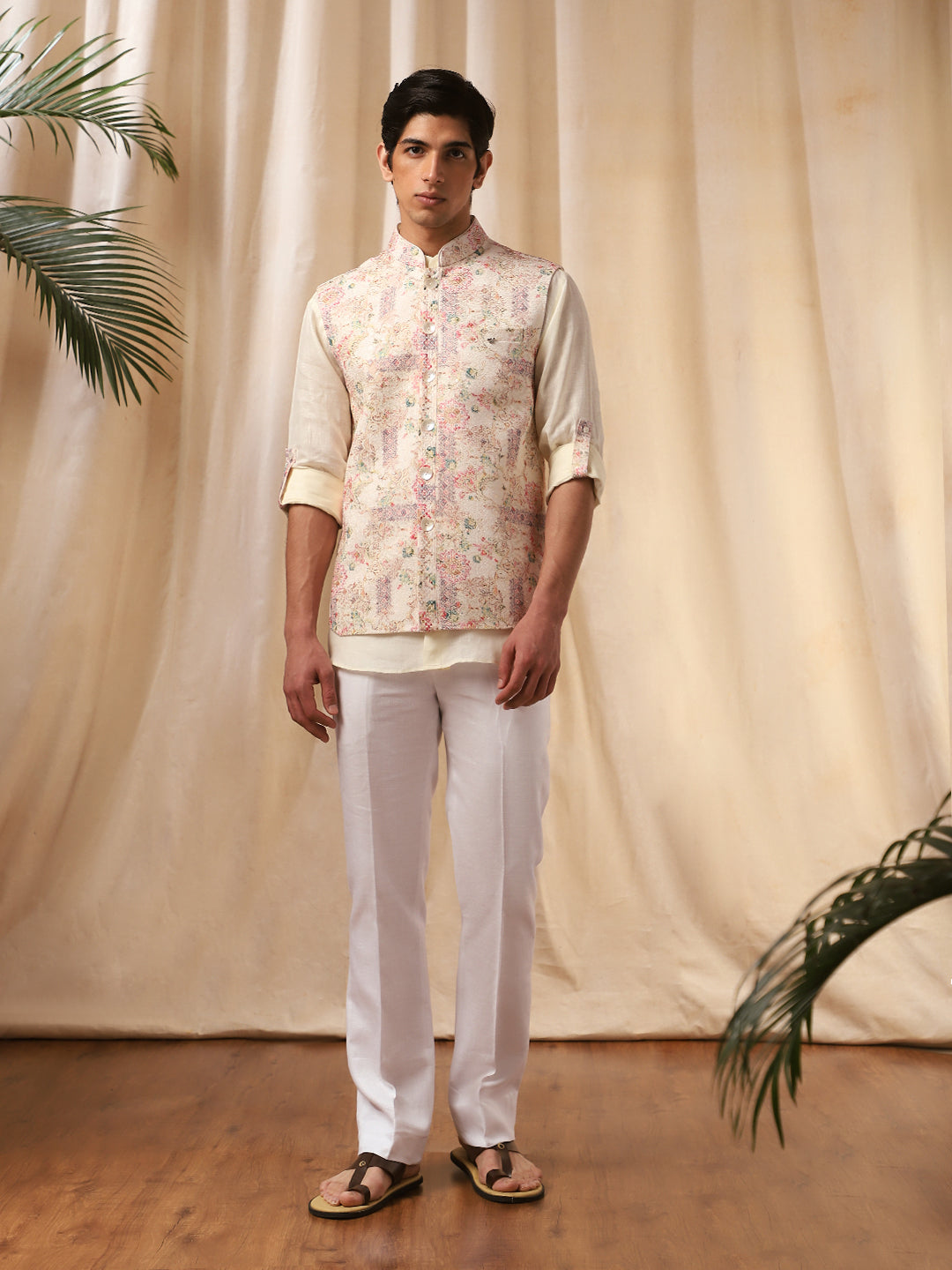 Multi-Color Printed Linen Bandi Shirt for Men