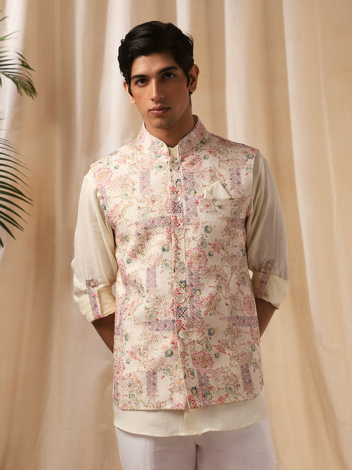 Multi-Color Printed Linen Bandi Shirt for Men